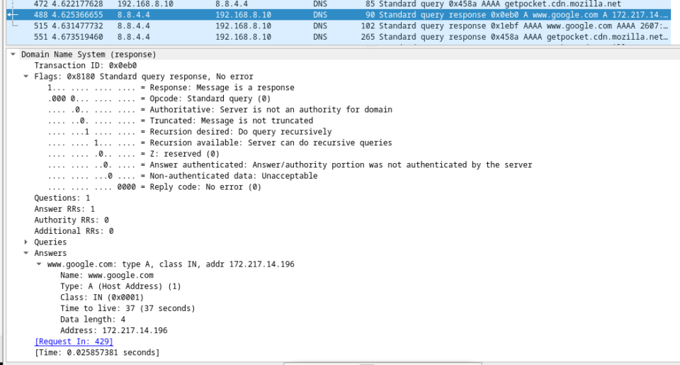 using wireshark to examine a udp dns capture