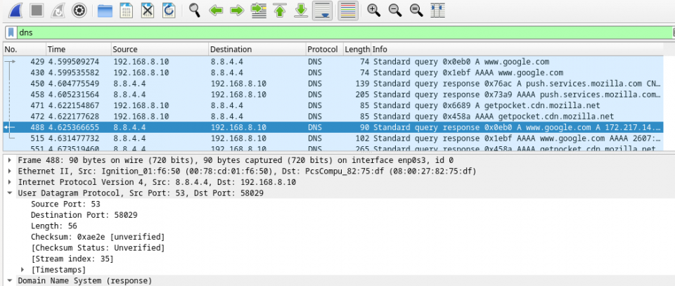 using wireshark to examine a udp dns capture